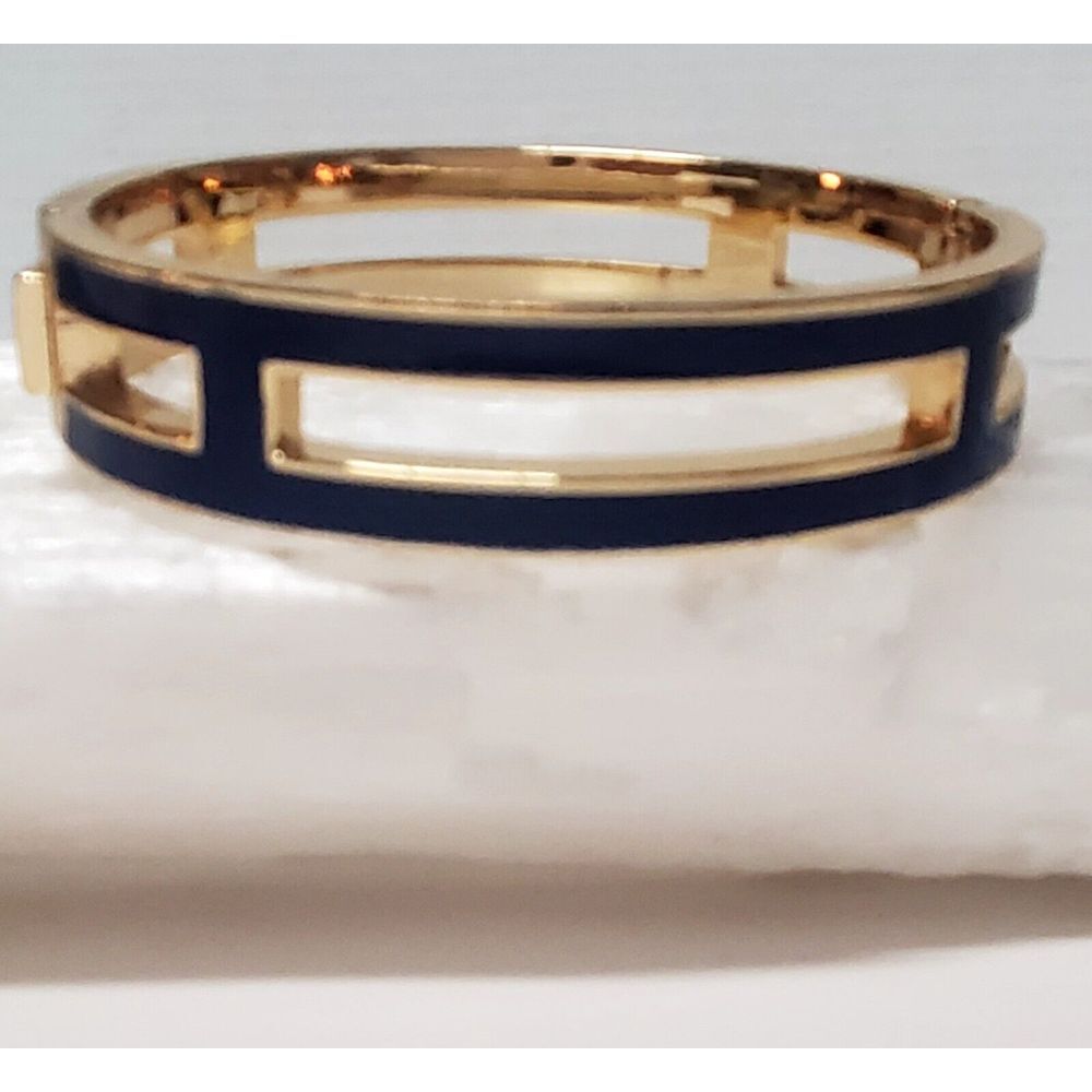 J. Crew Bracelet Hinged with Lock Navy Blue Enamel Gold Pierced Panels Bordered - Picture 2 of 12